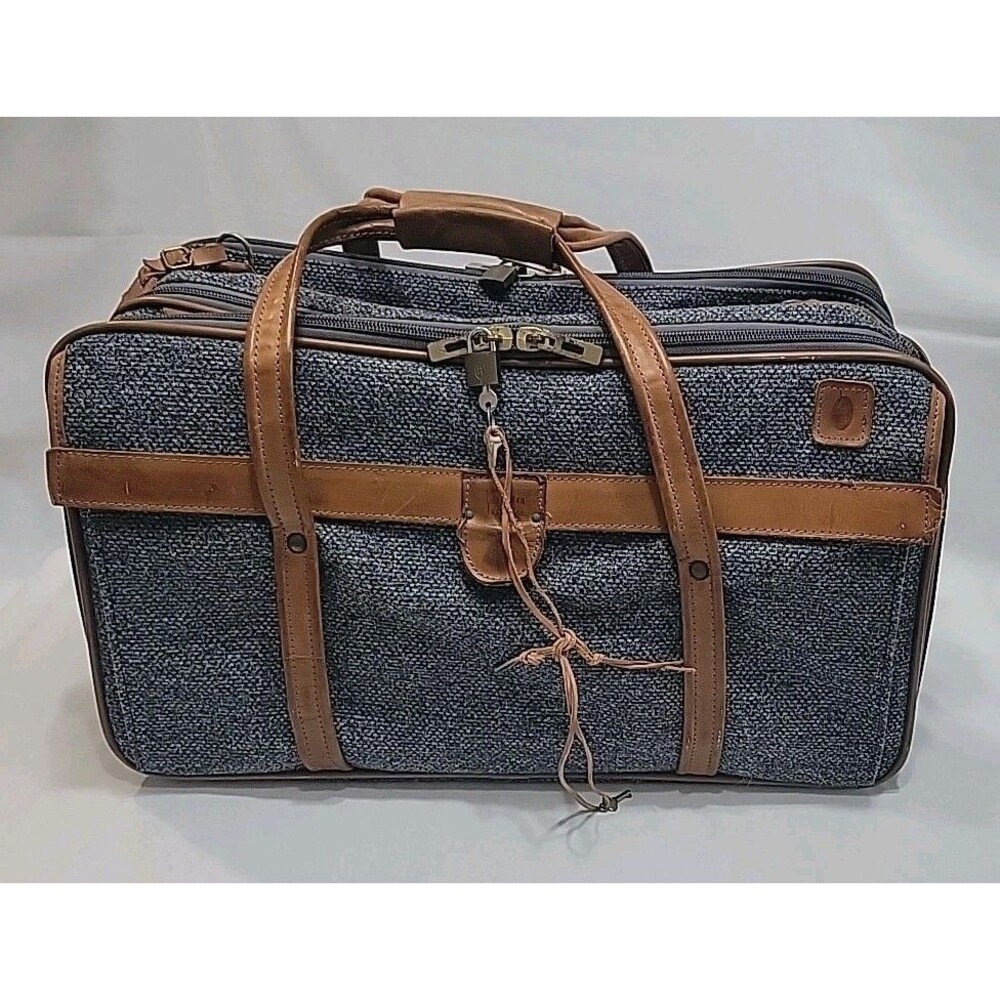 VTG Hartmann Weekender Carry On 21" Bag Blue Tweed Leather Luggage 3 Compartment
